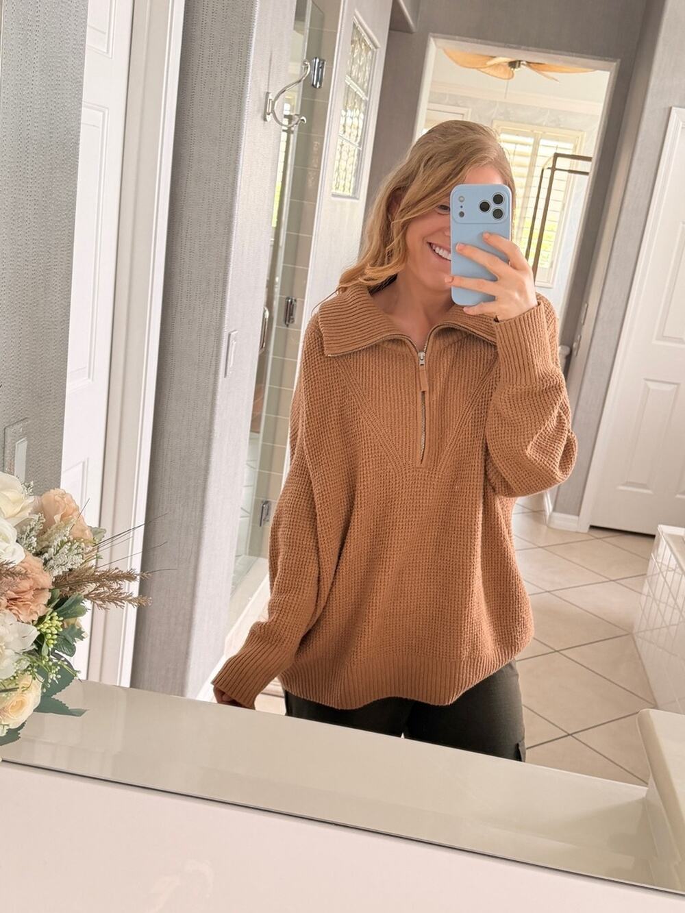 Aerie Brown CozyUp Waffle Quarter Zip Sweater Cappuccino Brown Small